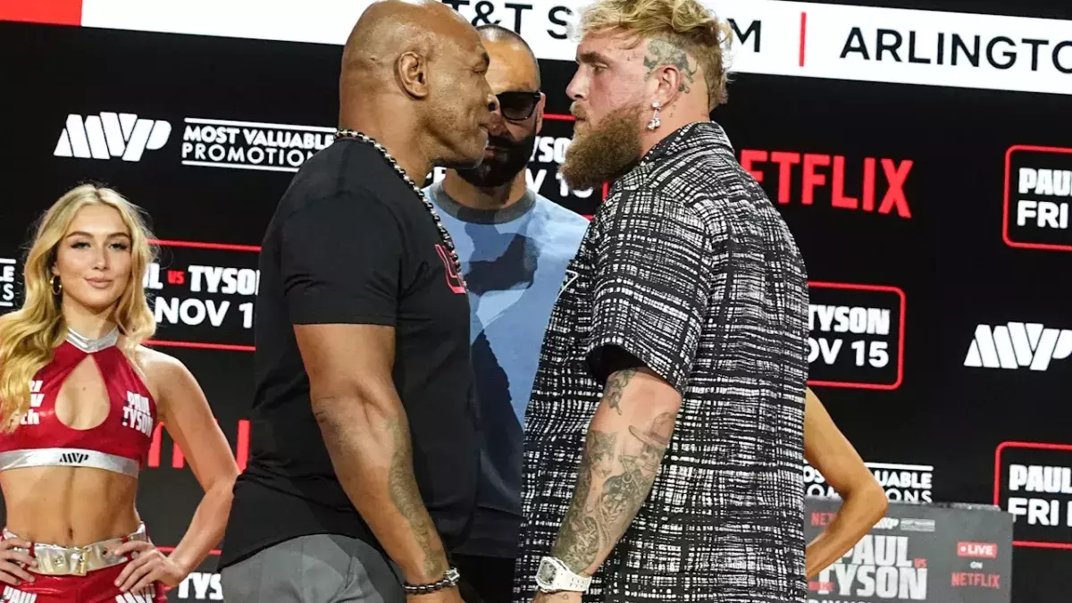 Mike Tyson et Jake Paul face à face lors de la conférence de presse de présentation de leur combat.