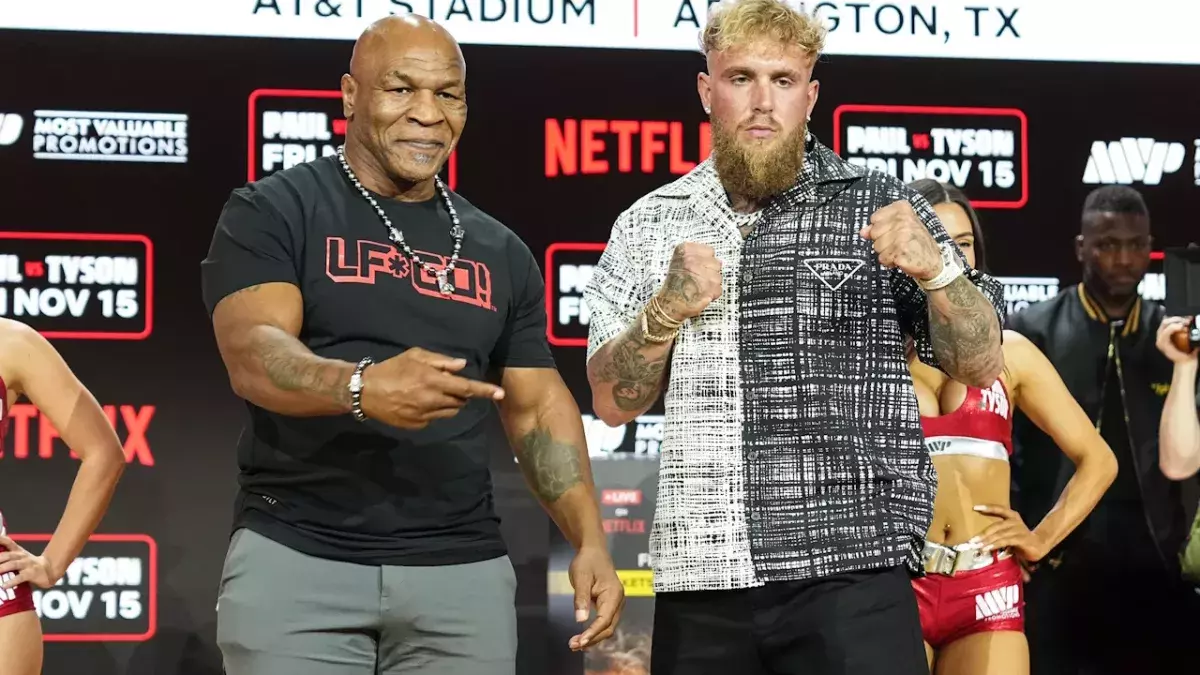 Mike Tyson et Jake Paul lors de la conférence de presse de présentation de leur combat.