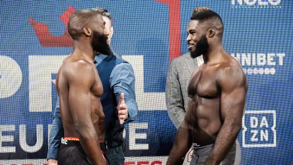 Cédric Doumbé et Jordan Zébo lors de leur face à face avant leur combat au PFL. 