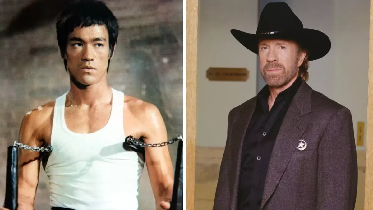 Bruce Lee et Chuck Norris, deux stars des arts martiaux au cinéma. 