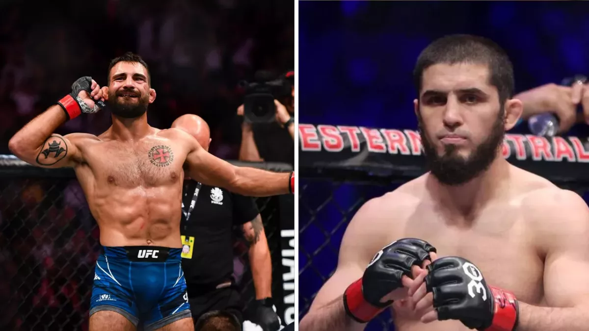 Benoit Saint-Denis et Islam Makhachev dans le cage de l'UFC