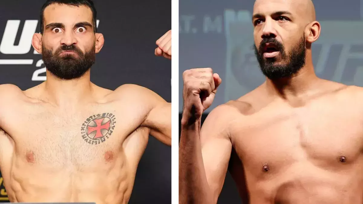 Benoît Saint-Denis, à gauche lors de sa pesée face à Dustin Poirier et Cyrille Diabaté, à droite, avant un combat UFC en 2014.