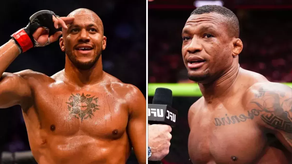 Ciryl Gane et Jailton Almeida dans la cage de l'UFC