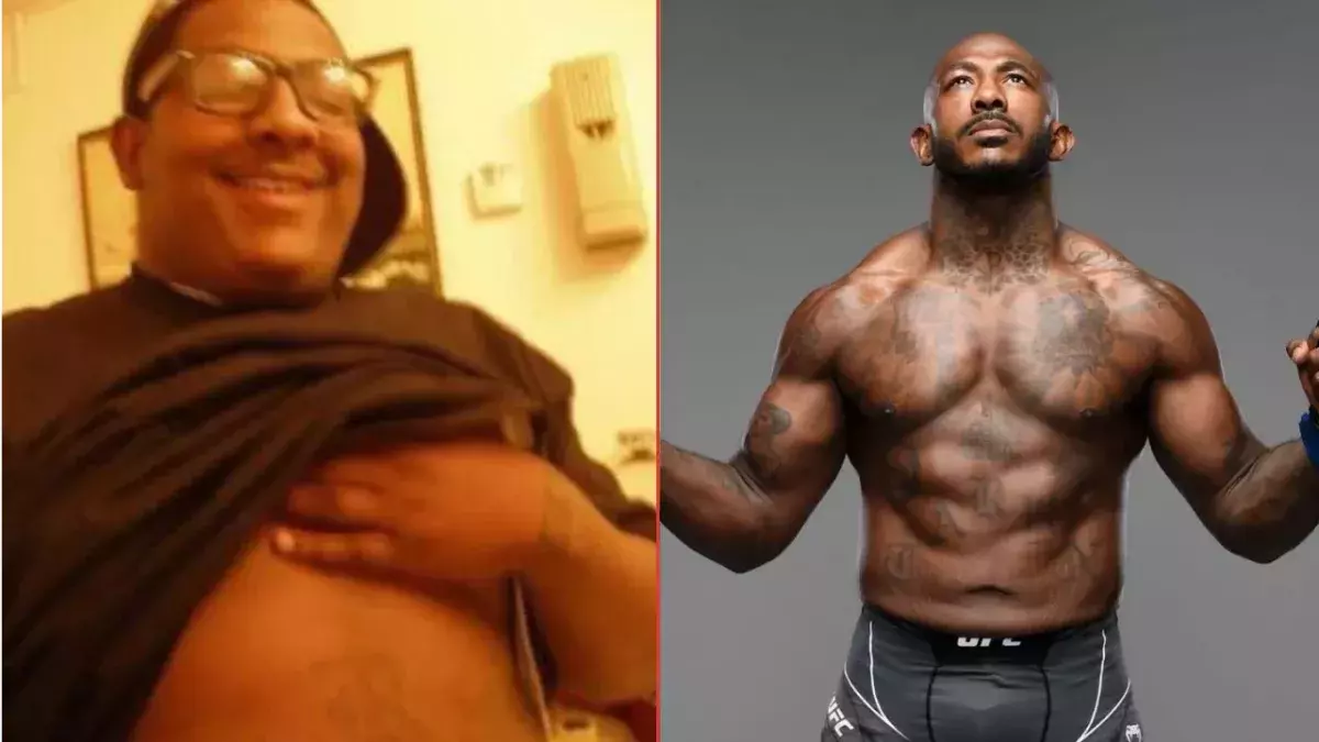 A gauche, Khalil Rountree en surpoids à l'adolescence. A droite, Khalil en forme et sous les couleurs de l'UFC.