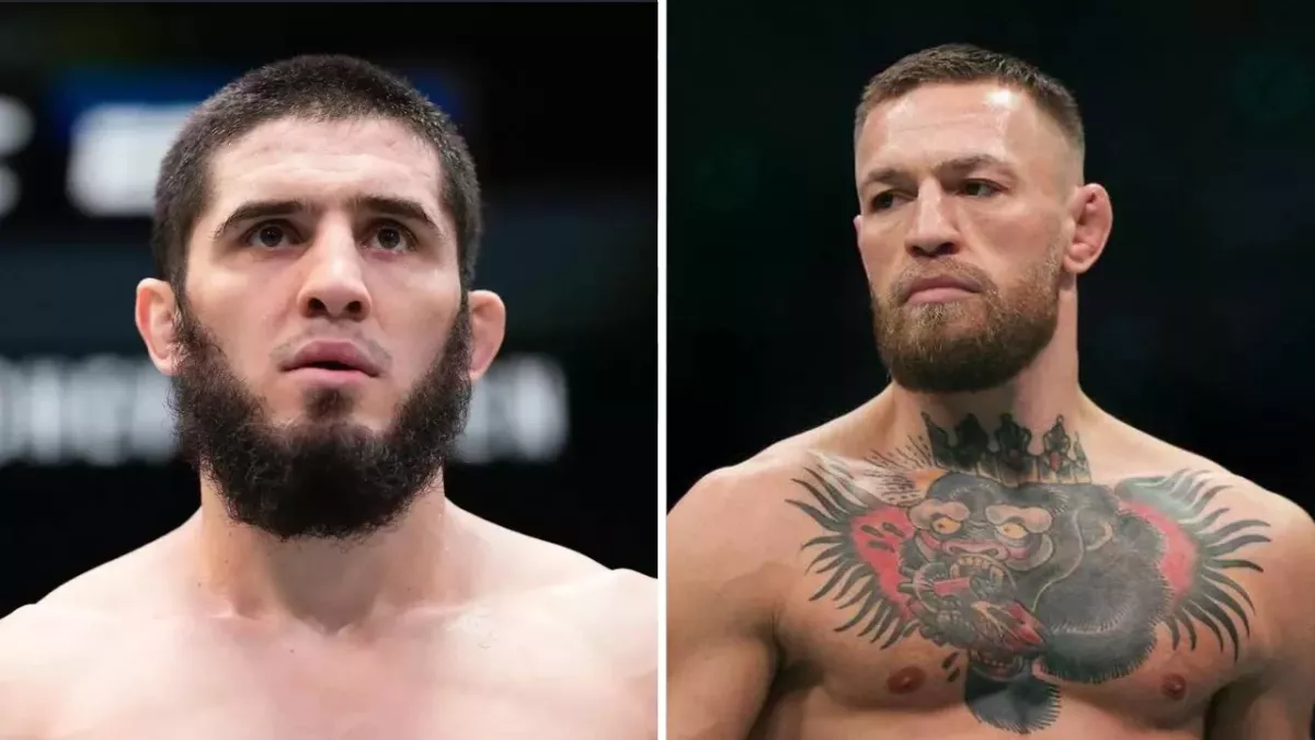 Islam Makhachev et Conor McGregor dans la cage de l'UFC