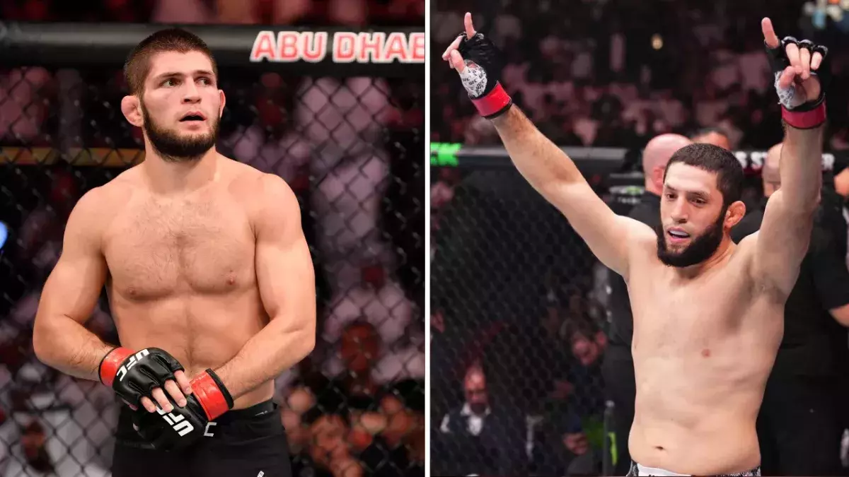 Khabib Numragomedov et Ikram Aliskerov dans la cage de l'UFC