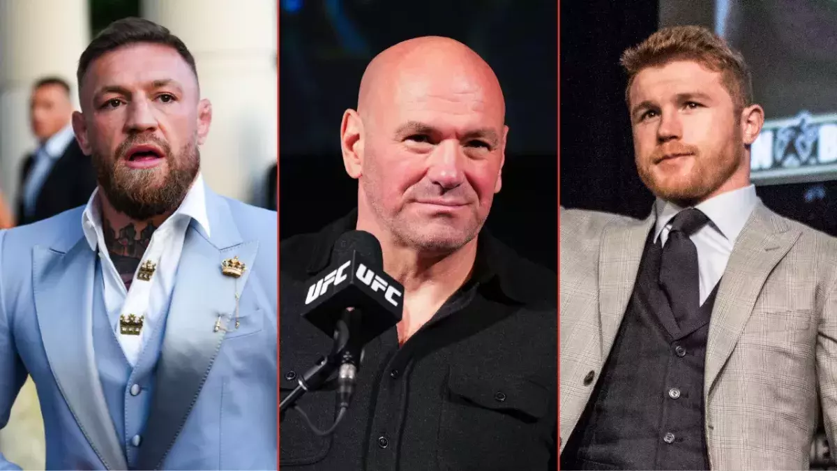 McGregor à gauche, Dana White au milieu et Canelo Alvarez à droite.